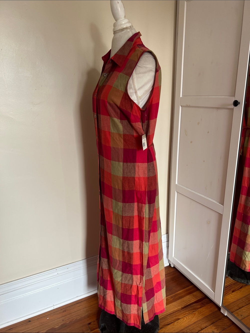 NWT Vintage Teddi Plaid Sleeveless Maxi Shirt Dress Red Tan Button Front XL - Picture 4 of 12